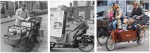 urban cycling - a degrowth tool - three images of cyclists with cargobikes