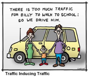illustration of parents holding their child, explaining why they drive him to school